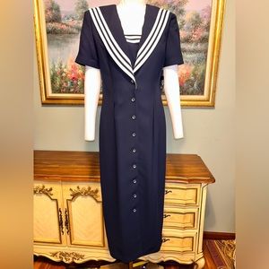 Vintage Amanda Smith Blue White Nautical Sailor Button Front Dress NEW NWT